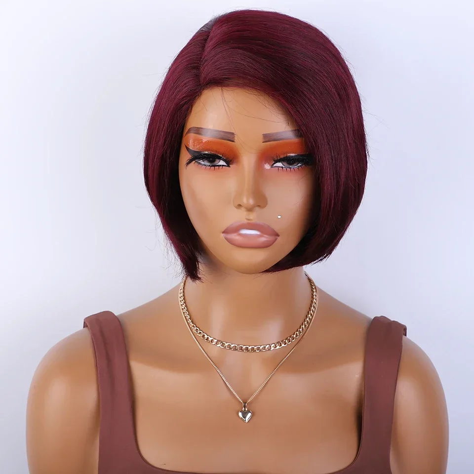 

Burgundy HD Transparent Short Bob Human Hair Wigs Peruvian 99J Red Straight Side Part Lace Front Wig For Women Pre Plucked