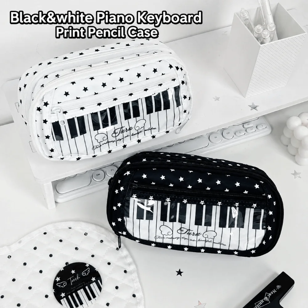 Star Piano Keyboard Print Pencil Case Large Capacity With Clear Window Pen Bag Multi-Layer Stationery Pouch Students