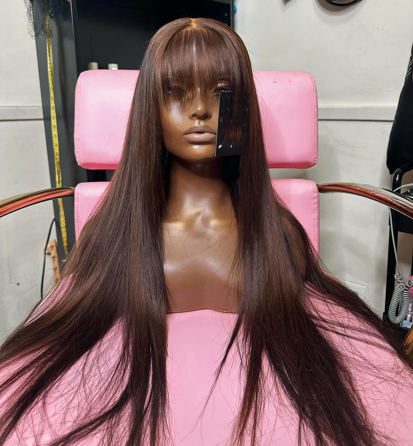Copper Red Long Straight With Bangs Lace Front Wig Transparent Lace Synthetic Hair Wig 13x4 Lace Frontal Hair Wigs For Women