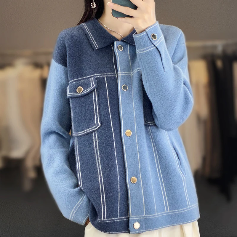 

Cardigan 100% Wool Women's Polo Sweater High grade Fashion Cashmere Knitted Full Sleeve New Product Autumn and Winter Coat Top