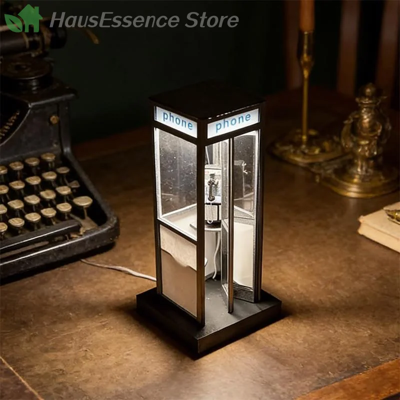※Retro Vintage Tall Phonebooth Lamp, Classic Telephone Booth Table Light Including Warm LED Light, Phone Box Night Light
