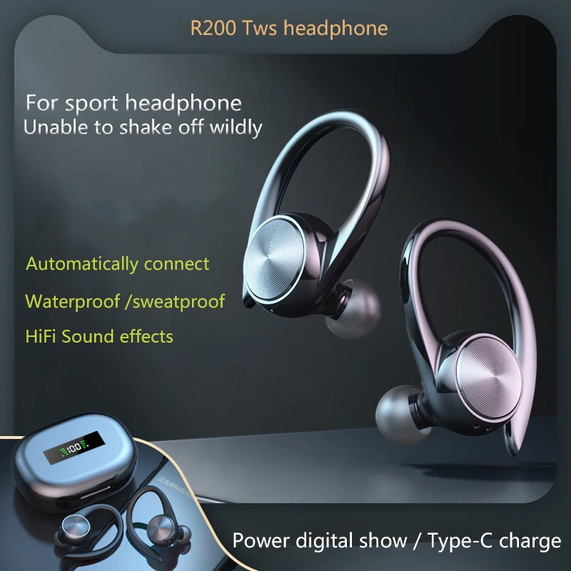 R200 TWS Bluetooth Wireless Headphones Waterproof Ear Hooks Bluetooth Earphones HiFi Stereo Music Earbuds with Microphone