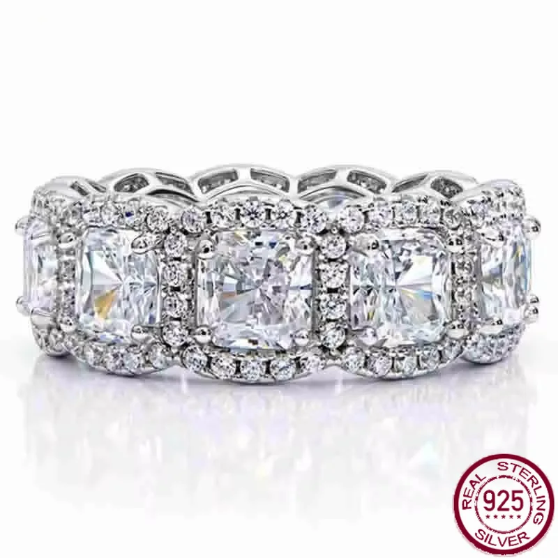 Yaranyan Vintage 925 Sterling Silver 5 * 5 MM Radiant Cut Lab Sapphire High Carbon Diamonds Gemstone Band Ring Fine Jewelry