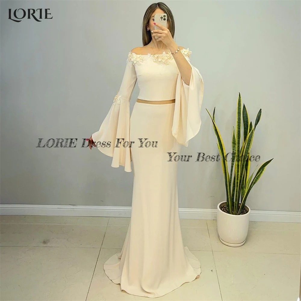 LORIE Two Pieces Mermaid Evening Dresses Off Shoulder Flowers Flare Sleeves Elastic Satin Prom Dress Arabia Bride Party Gowns