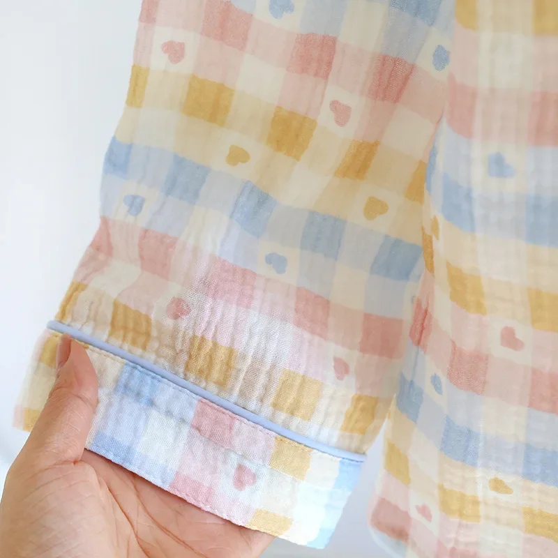 2025 Frühjahr/Sommer Neue frauen Pyjama Set 100% Baumwolle Crepe Kragen Liebe Plaid Langarm Lange Hosen Hause kleidung Set Damen