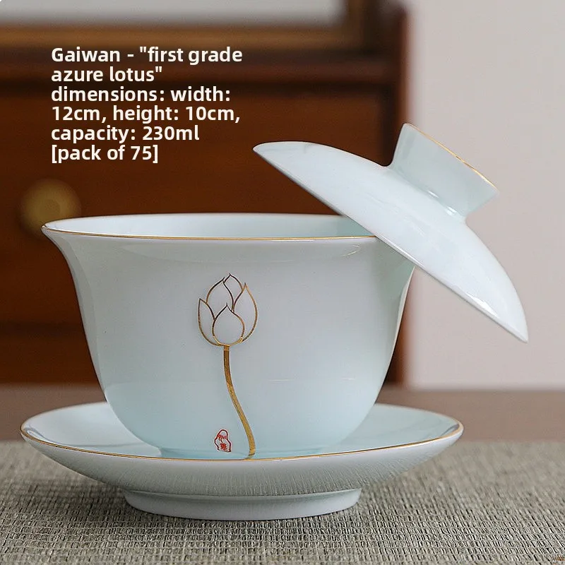 

The Sancai Gaiwan Individual Suspended Lid Ceramic Kung Fu Tea Set Shadow Blue Gold-Painted Chinese Home Tea Brewing Vessel