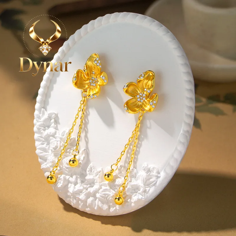 

Dynar Jewelry New Chinese style 24K real gold earrings, retro flowers, 9999 beaded tassel earrings, versatile simple jewelry f