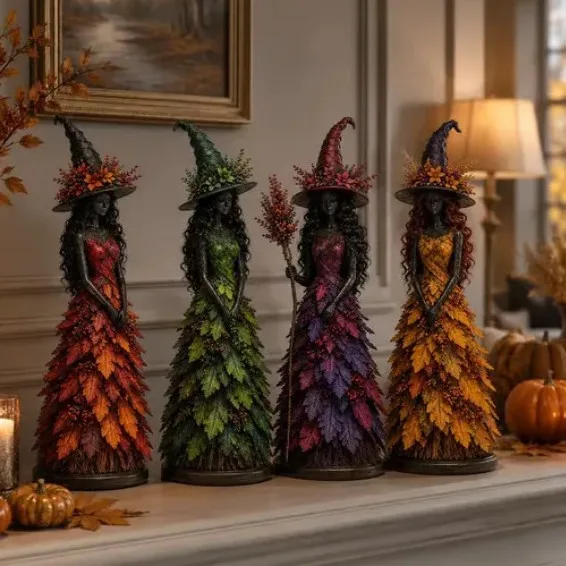 New Resin Craft Halloween Four Color Autumn Leaves Witch Figure Window Display Desktop Atmosphere
