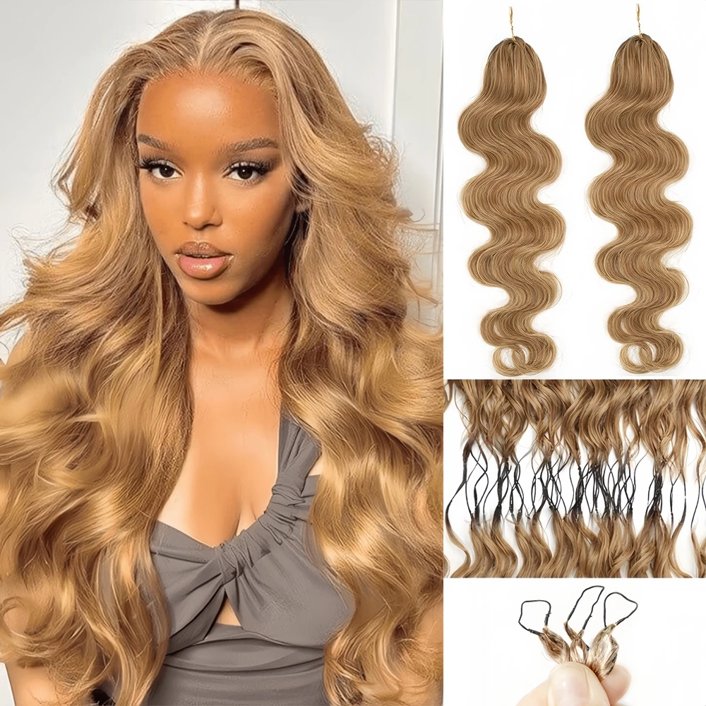 12A Body Wave Knotless Vorgereihte Häkelhaarverlängerungen aus Echthaar # 27 Honigblonde Strähnen Leichtgewichtiges Echthaar in Großmengen