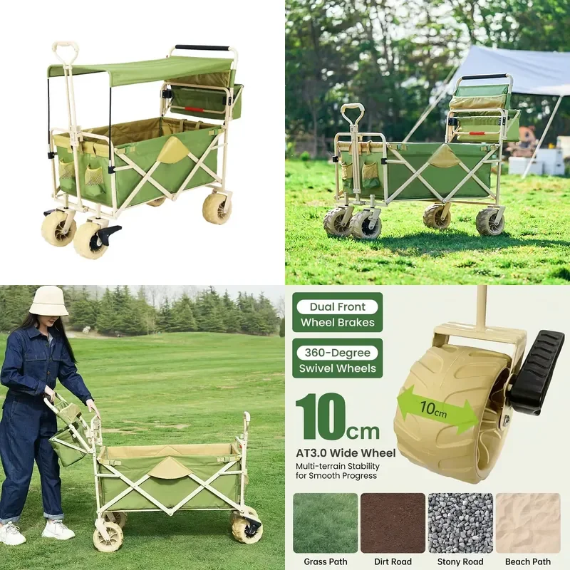 Children Outdoor Camping Folding Metal Wagon with Awning Heavy Duty 150kg Load Capacity Collapsible Utility Cart for Garden