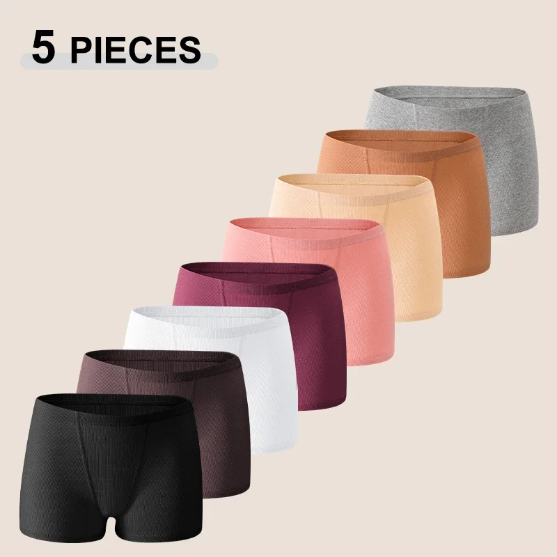 5Pcs/Set S-XXL Cotton Plus Size Sports Boxers Solid Color Thread High Waist Boyshorts Soft Breathable Female Seamless Underwear