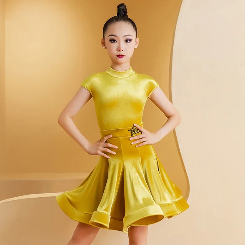 Kids Girls Modern Dance Jumpsuit and Skirt Sparkling Velvet National Standard Dance Performance Practice Dress Waltz Competition