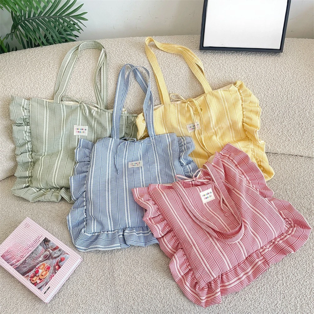 Damen Canvas Tragetasche Modische Koreanische Karierte Öko-Einkaufstasche Große Schultertasche für Damen Studenten-Handtasche