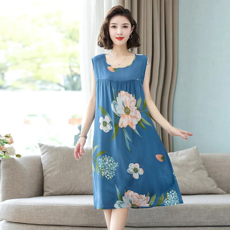 Summer Middle-Aged and Elderly Cotton Silk Nightgowns Pajamas Women's Dresses Large Size Mother's Casual Nightgowns Homewear