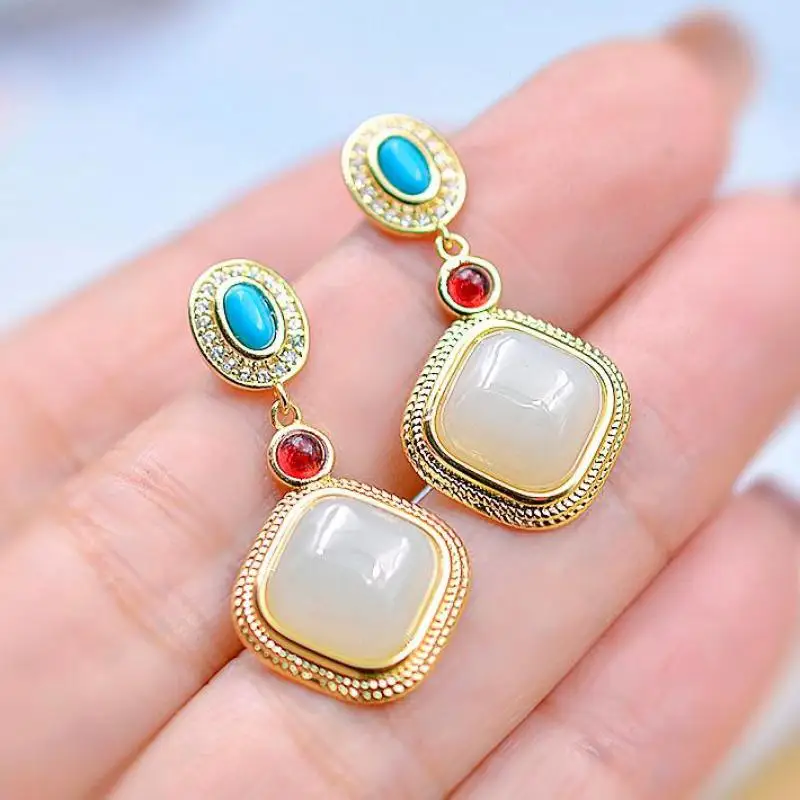 

Серьги из натурального нефрита с белым нефритом, женские ювелирные изделия, натуральный китайский нефрит Hetian, бирюзовые квадратные серьги-подвески, женский подарок