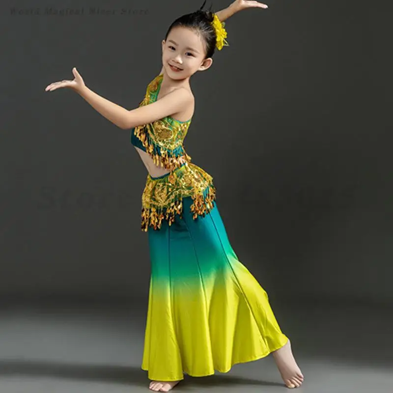Traje de dança étnica dai infantil, saias de dança de pavão minoritária para meninas, estilo nacional tradicional, roupas de performance