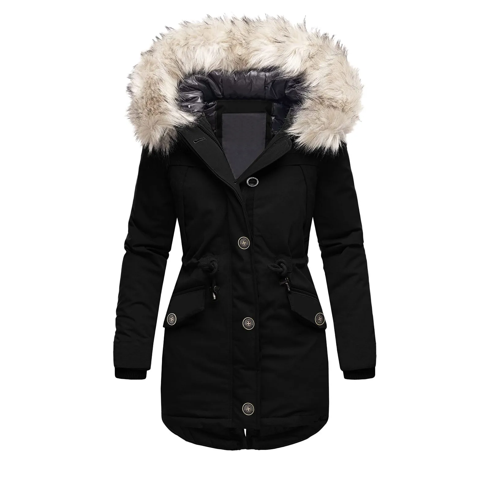 Lady Coat With Furry Hooded Plush Lined Mid Length Cold-proof Outerwear With Pockets And Drawstring Waist Daily Overcoat Jacket