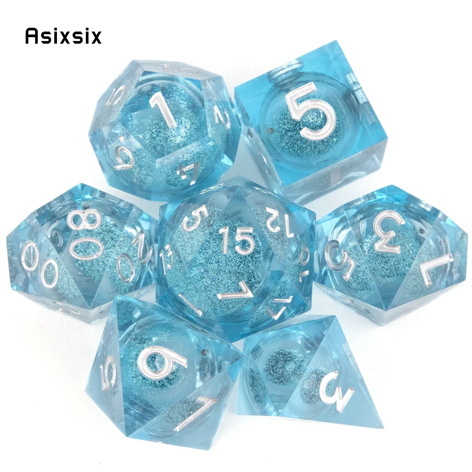 7 Pcs Blue Resin Flowing Sand White Number Sharp Edge Dice Polyhedral Dice Suitable for  RPG   Board Game