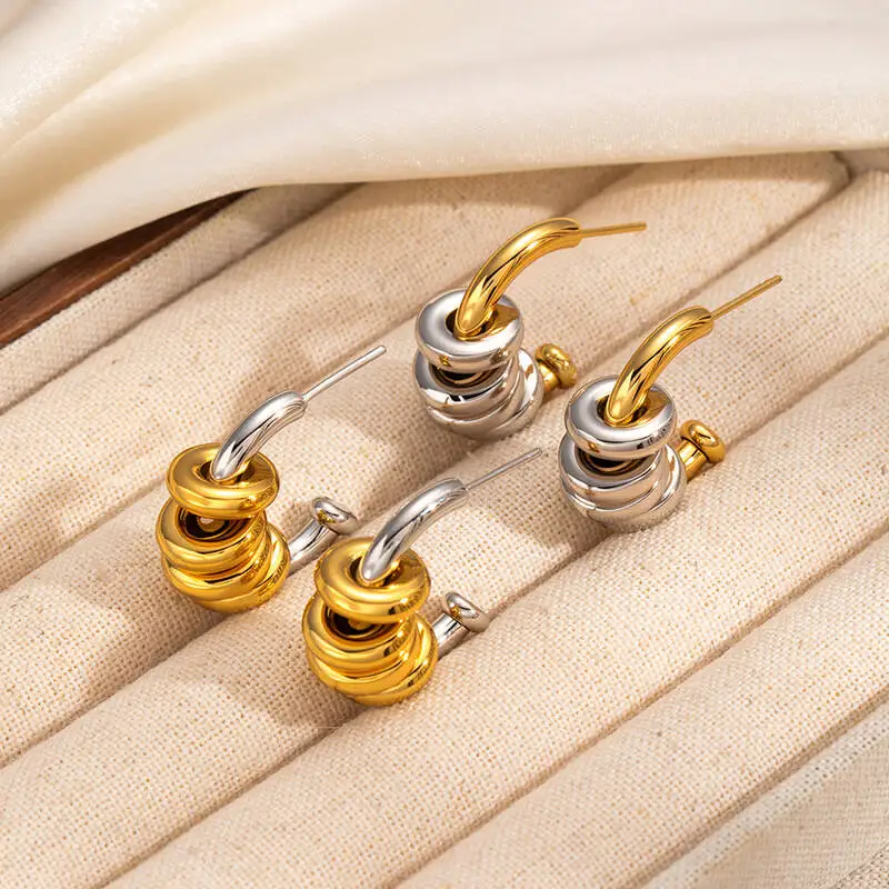 Three-dimensional C-shaped circular titanium and steel earrings, French-style wrapped ring, retro stainless steel earrings