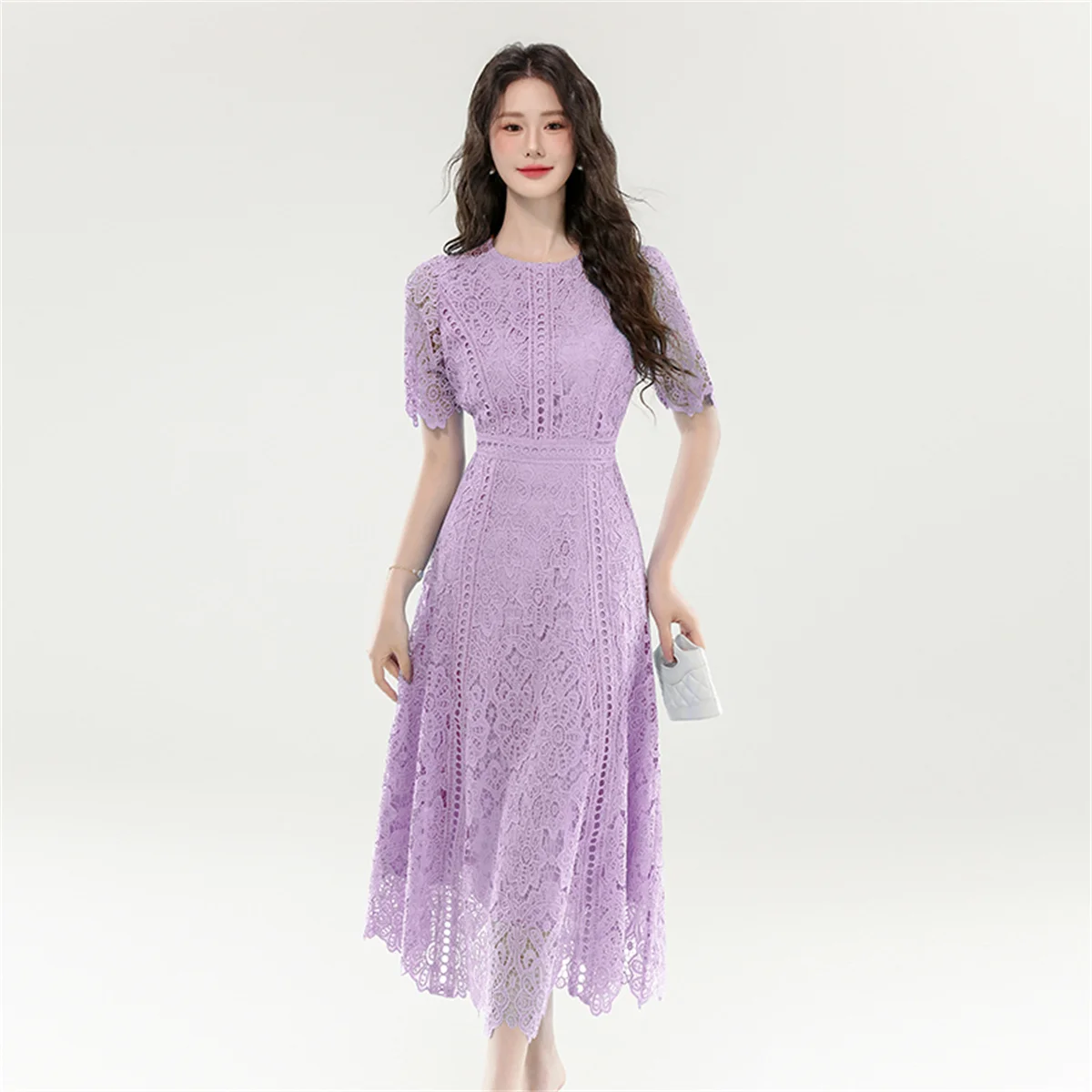 

Solid Hollow out Slim Women Dress Elegant O-neck Short Sleeve Embroidery Midi-length Party Dresses Woman 2025 New