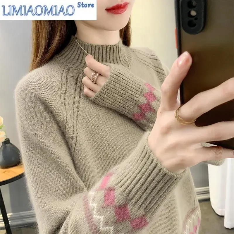 

New Autumn/Winter Korean Edition Lazy Colored Jacquard Half High Neck Loose and Versatile Western Style Slimming Knitted Sweater
