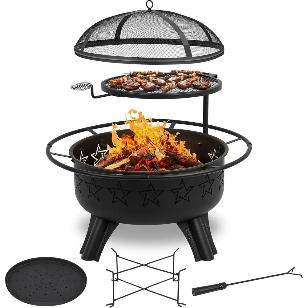 

31" 2-in-1 Wood Burning Fire Pit with Swivel BBQ Grills & Spark Screen for Outside - Heavy Duty Outdoor Firepit with Charcoal Pa