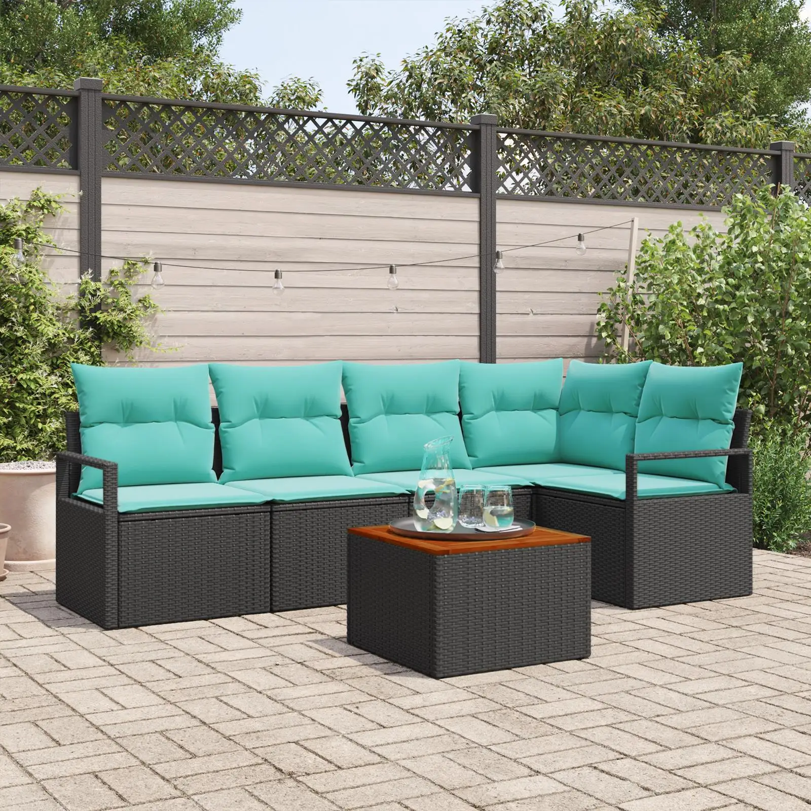 

6 Piece Black Poly Rattan Garden Sofa Set with Cushions Acacia Frame Outdoor Furniture