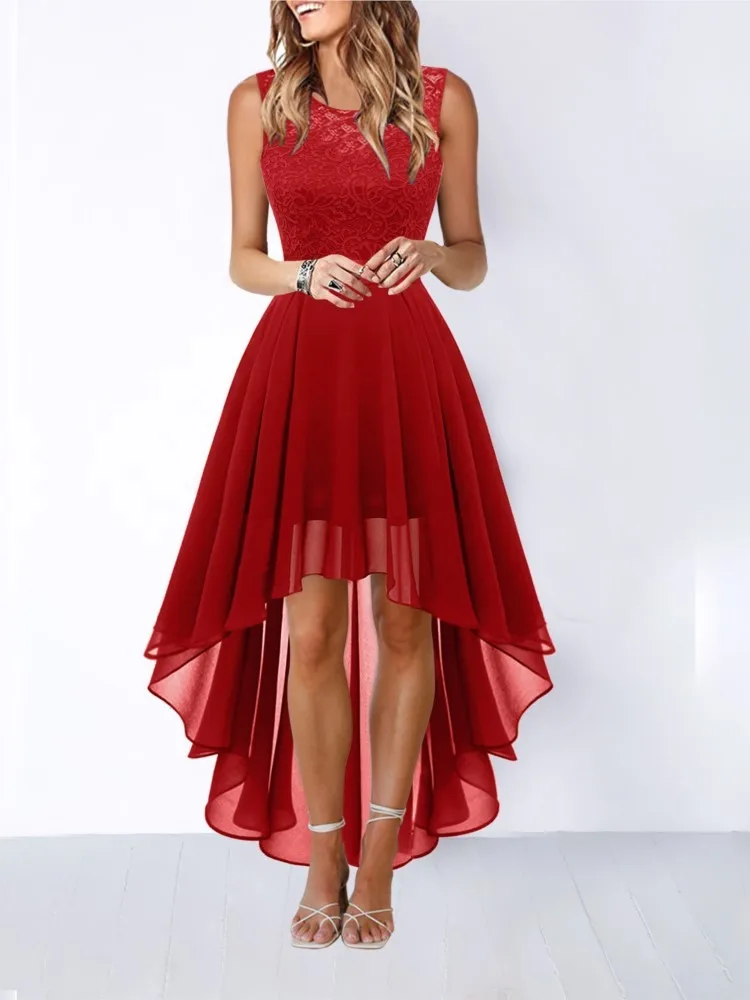 

Hollow-outch Chiffon Dress Dinner Lace Dress Women's Elegant Temperament British Style High-waisted Sleeveless Round-neck Dress