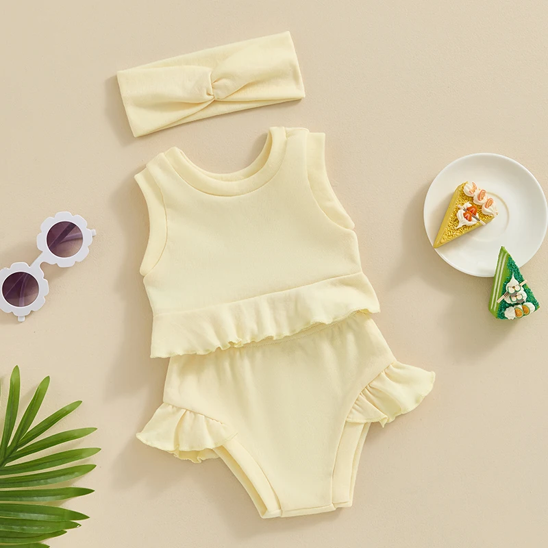 Infant Girl Summer Outfit 3pcs Sleeveless Cami Crop Top Ruffle Shorts with Elastic Waist Solid Outfit Headband 2pcs