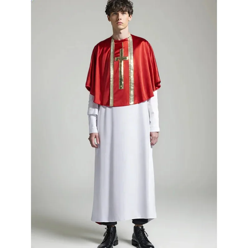 

Men Priest Cosplay Robe Halloween Costume Red Cloak Suit Missionary Costume Medieval Stage Performance Sets