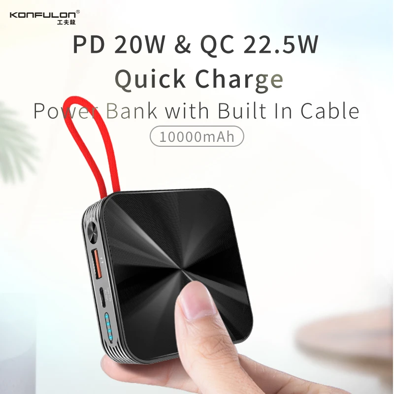 

KONFULON Mini 10000mAh Power Bank PD 20W Fast Charger Build-in Cable Portable External Auxiliary Battery for iPhone 12 13 14