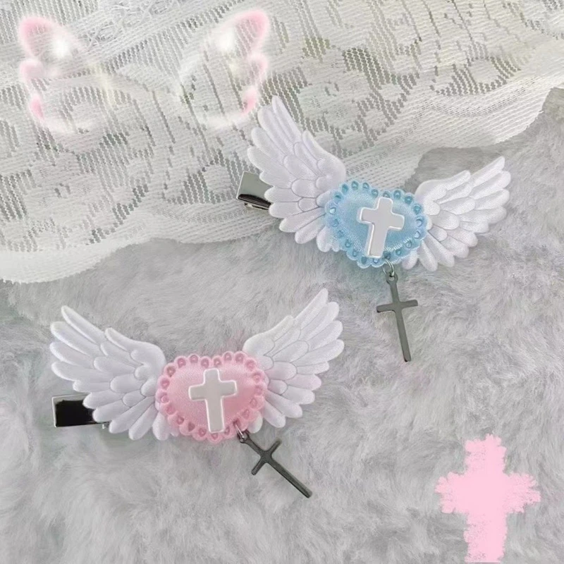 Y2K Girls Angel Wing Hair Clip Cute Bowknot/Heart Cross Pendant Hairpin Women Fashionable Hair Barrette Decoration Ornament