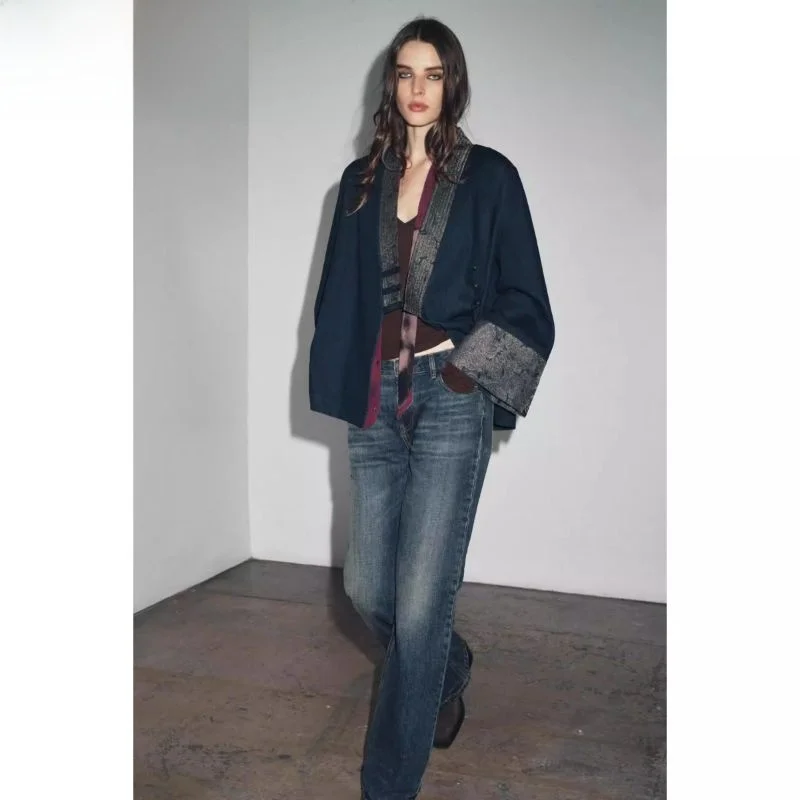 

Women's Faionable Tkae Embroidery Denim Effect Kimono Sle Jaet Autumn New Arrival Loose Fit Long Sve V-Ne Outerwear