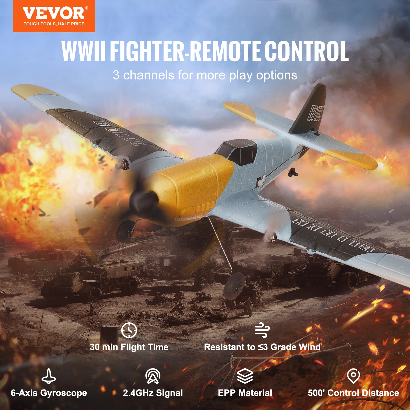 VEVOR Z61 RC Plane BF109 Fighter 2.4G 3CH Smart Balance EPP Gliders with 2 Batteries Fixed Wingspan RC Aircraft Children's Toys