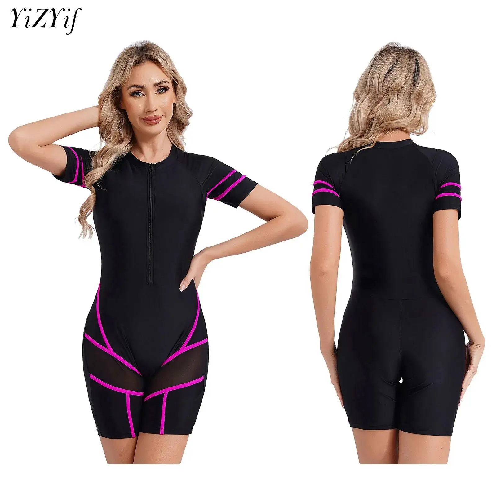 Women UPF 50+ One-piece Swimsuit Short Sleeve Zipper Swimwear Rash Guard Diving Surfing Wetsuit Pool Beach Sport Bathing Suit