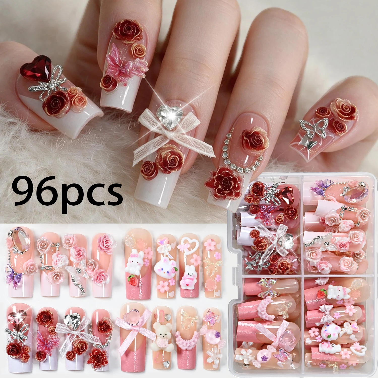 96Pcs 3D Rose Bear Bow Press on Nails Mixed Resin Flower Heart Rhinestone Butterfly Fake Nails DIY False Nails Salon Party Daily