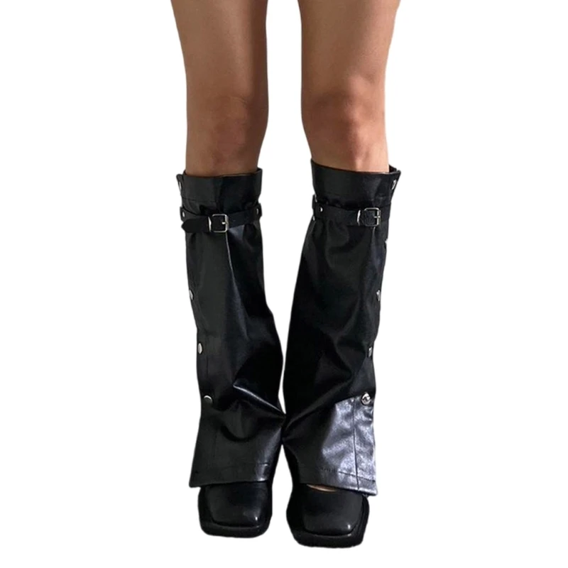 Women Harajuku Black Leg Covers Buckled Buttons Faux Leather Flared Leg Warmers