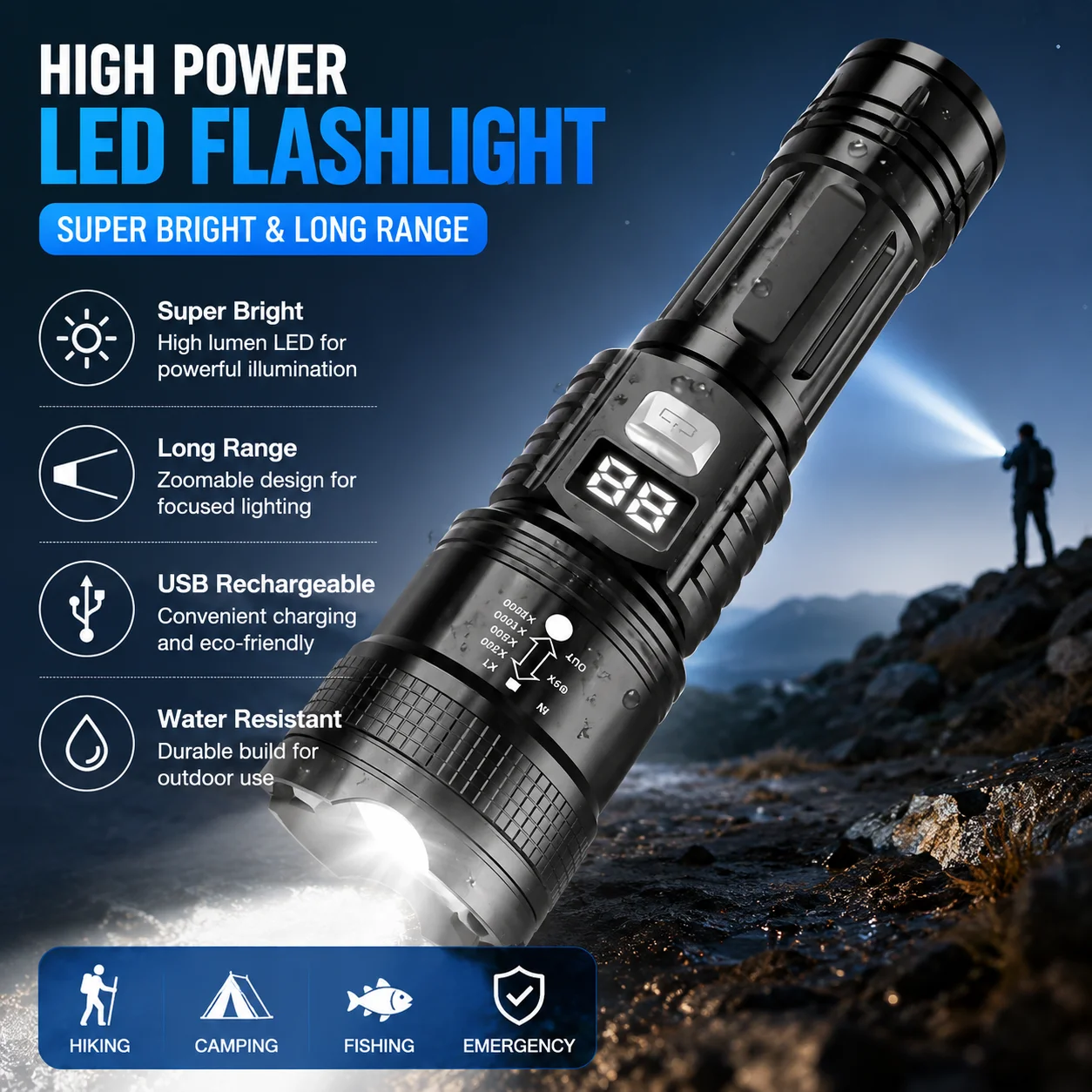 P50 High Brightness Flashlight LED Bead Digital Battery Display Telescopic Zoom Waterproof USB Portable Torch for Outdoor Use