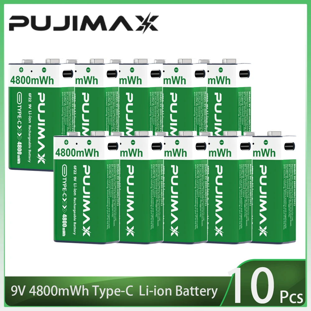 PUJIMAX USB 9V Oplaadbare Batterij 4800mWh Type-C Oplaadbare 6F22 9V Li-ion Batterij voor RC Helicopeter Model Multimeter Speelgoed
