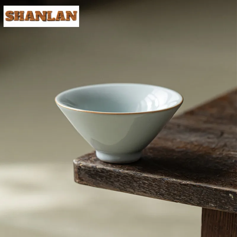 100ml Exquisite Ice Cracked Glaze Teacup Chinese Azure Ru Kiln Porcelain Master Cup Bamboo Hat Tea Bowl Chazhan Kung Fu Teaset