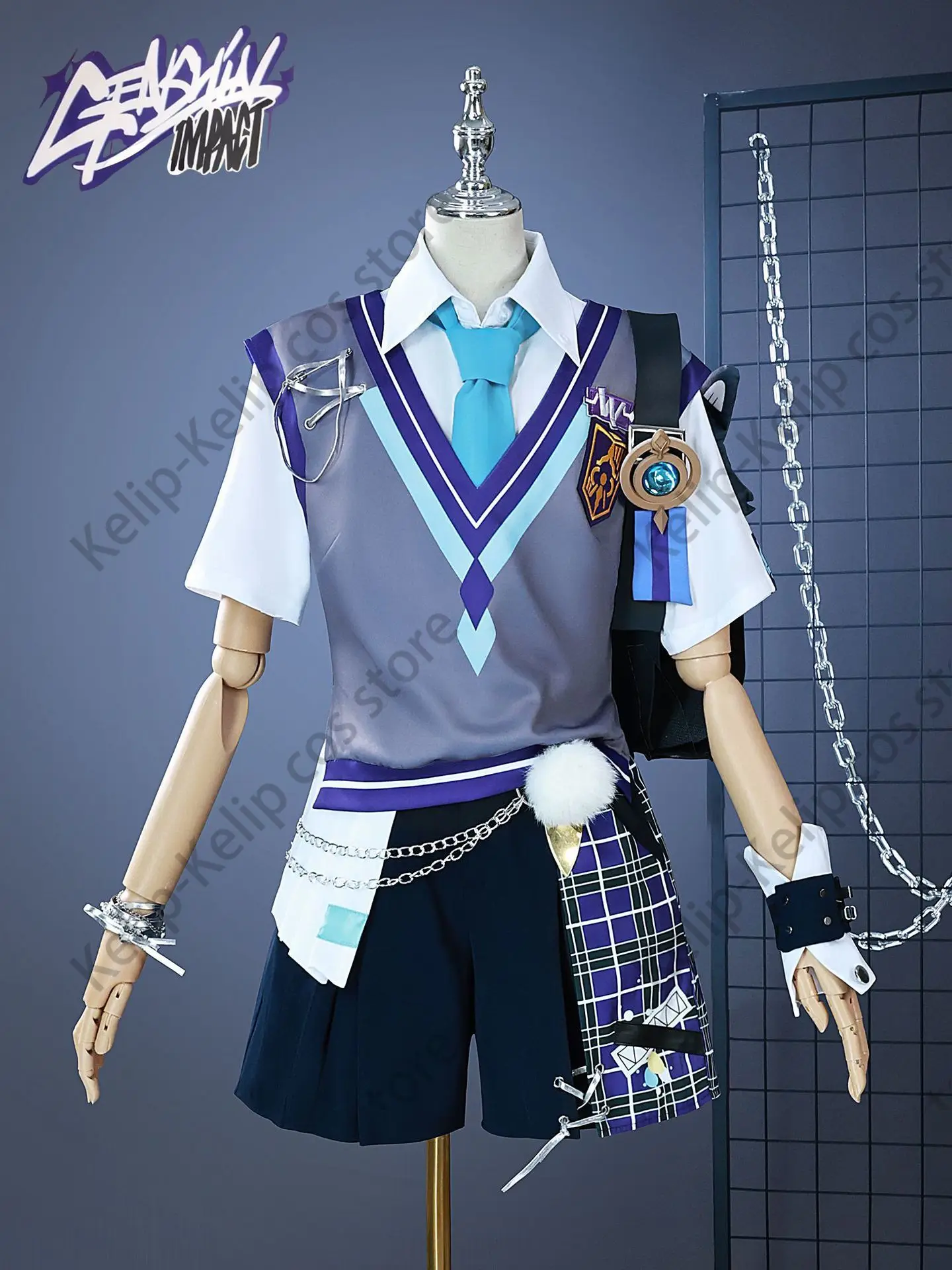 Genshin Impact tramp X MEGA coffee shop linkage cosplay suit blue wig student suit male and female birthday gifts