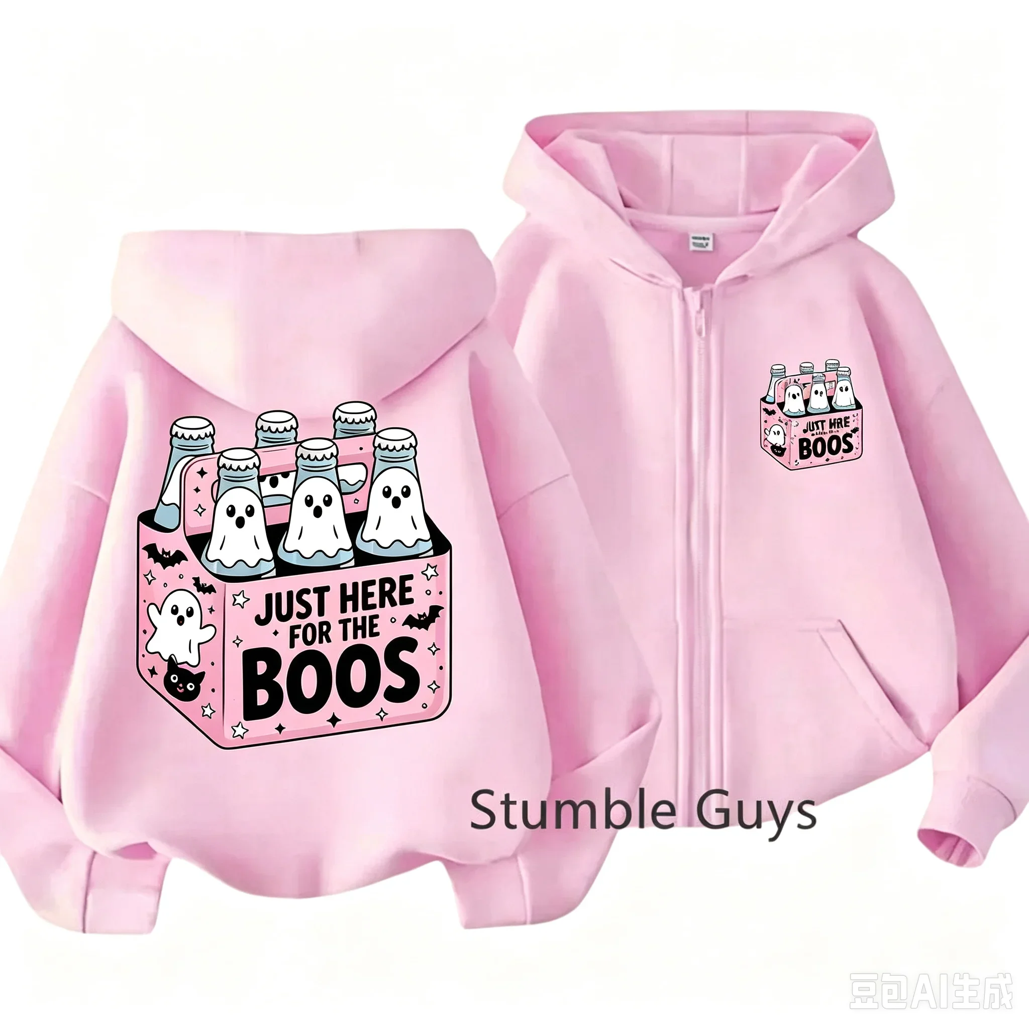 Children Halloween Zip Up Hoodie Funny Ghost Just Here For The Boos Double Sided Print Boys Girls Casual Long Sleeve Hooded