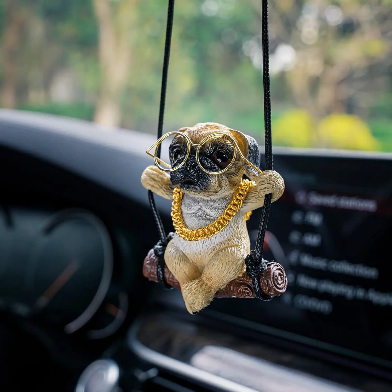 

Floruit Pug Car Mirror Hanging Accessories Cute Swinging Dog Rear View Mirror Accessories for Men & Women (Golden Glasses)