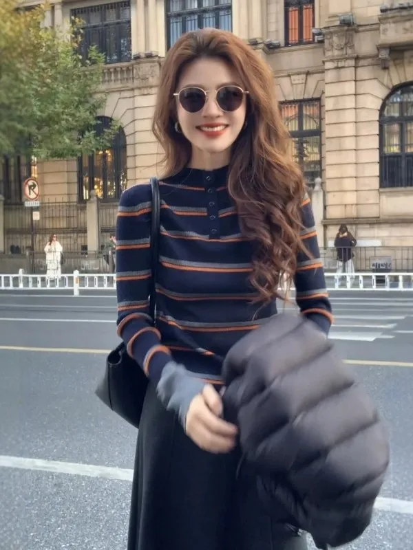 

Color Blo Striped Slim Fit ort Knitted Long Sve f High Collar Base irt Women Autumn Winter Faionable Inner Wear...