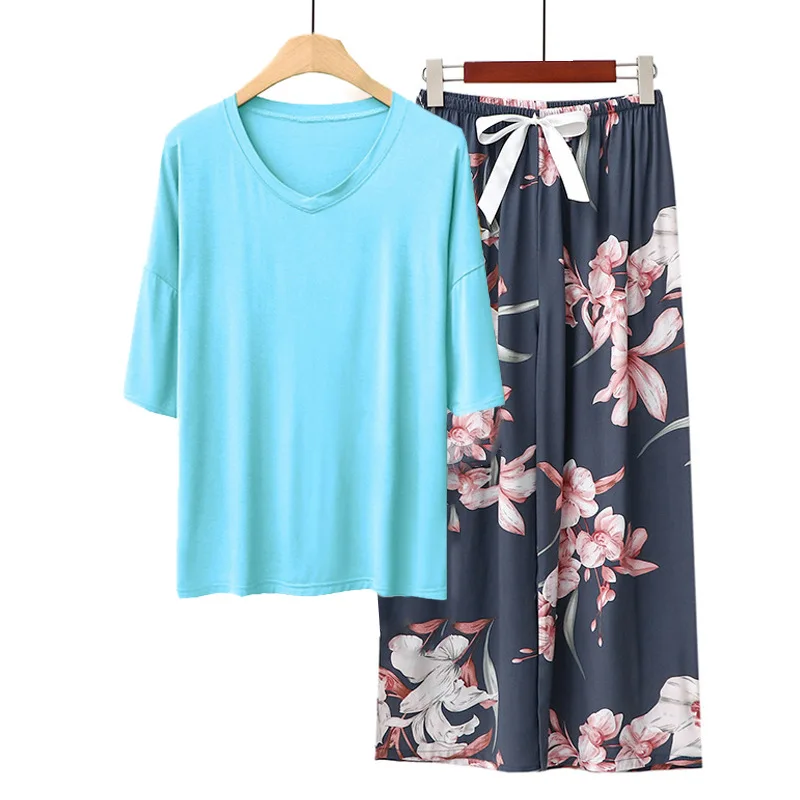 Summer women's pajamas sets Modal short sleeve Tshirts and wide leg pants Hot Casual homewear 2pcs suit lady's loungewear