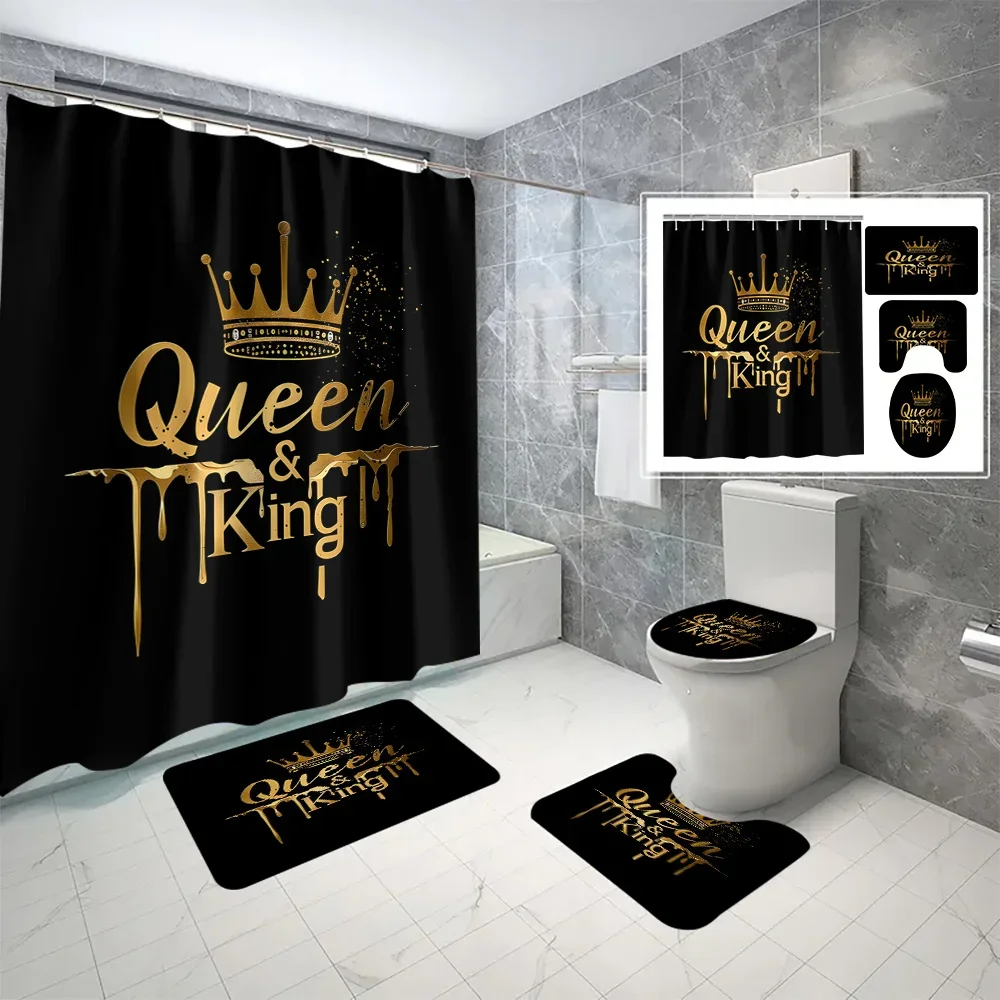 

Royal Queen & King Bathroom 4-Piece Set Waterproof Shower Curtain Non-Slip Mats Soft Microfiber Material Elegant Luxury Design
