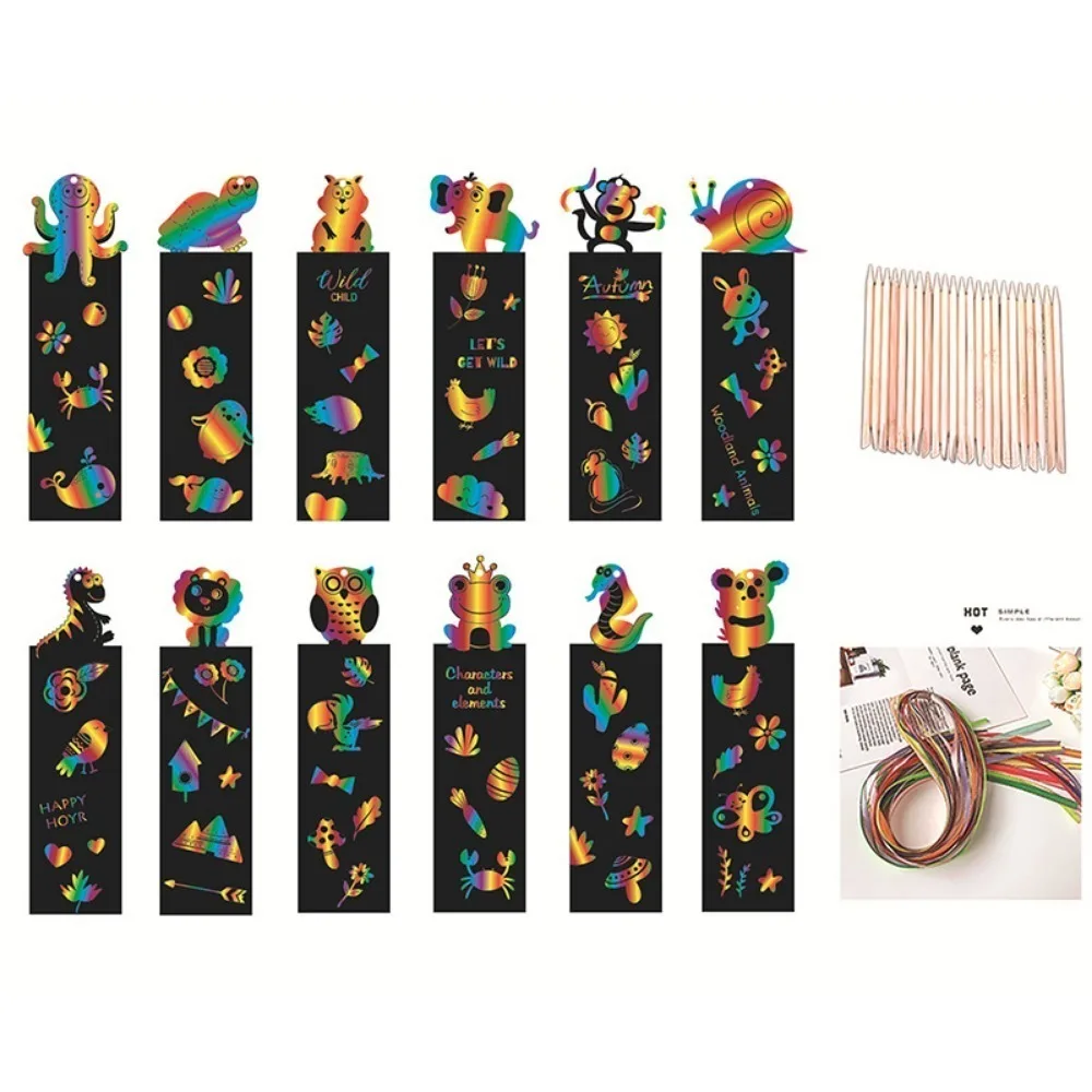 12 Pcs Animal Bookmarks Scratch Drawing Paper Diy Magic Scratch Art Kids Painting Book Creative Card Educational Toy with Tools