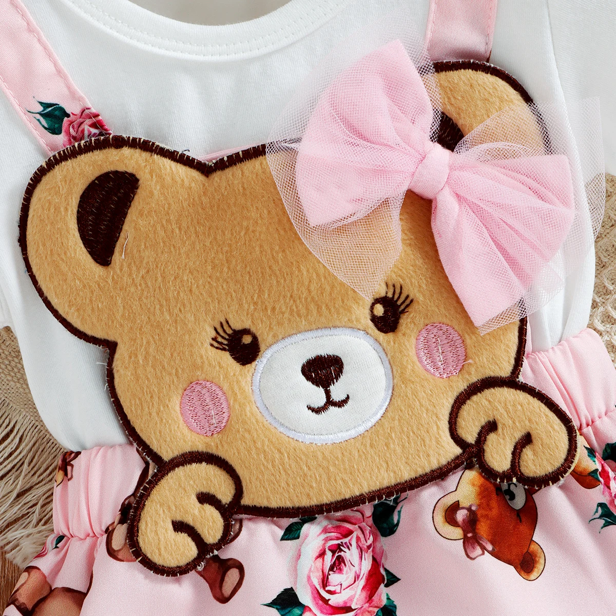 PatPat Baby Girl 100% Cotton Short-sleeve Cartoon Bear Faux-two Suspender Dress