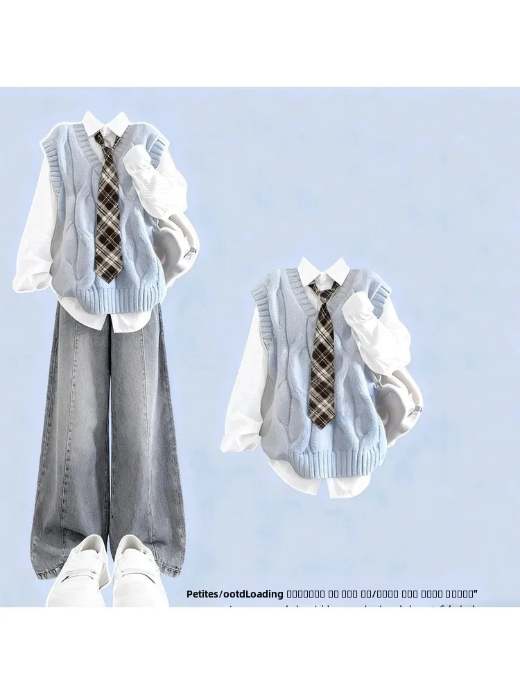 

Повседневный комплект из рубашки и жилета в стиле JK для женщин: модный зимний наряд для колледжа и повседневной носки с длинными рукавами