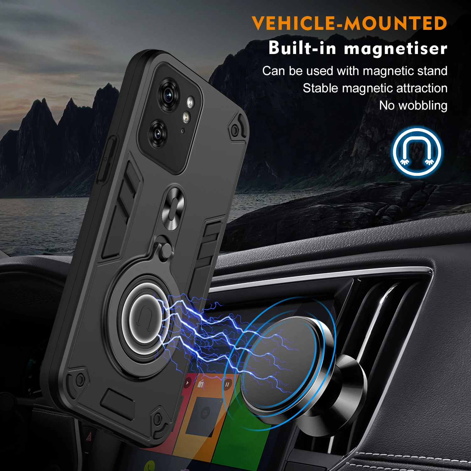 Armor Case for Motorola Moto Edge 40 Car Mount Magnetic Ring Holder Silicone Hard Shockproof Phone Cover MotorolaEdge40 XT2303-2